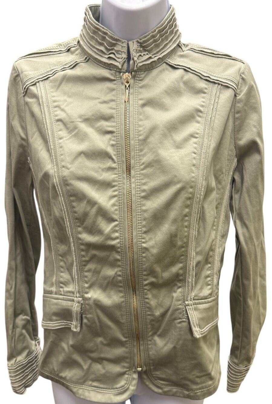 White House Black Market Womens Band Jacket 2 Washed Olive Military Moto Zip